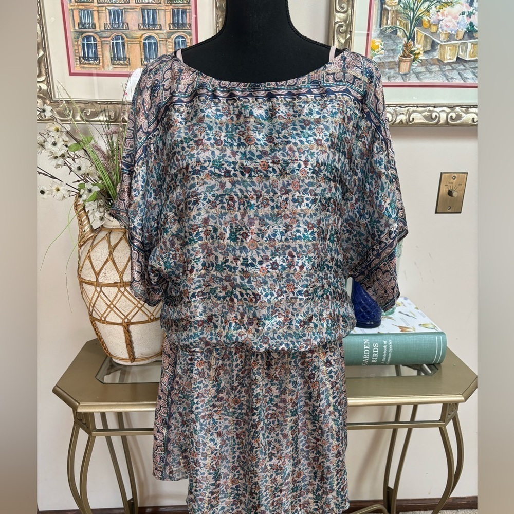 JOIE SILK MULTI COLOR FLORAL PRINT METALLIC THREAD RELAXED MINI DRESS SZ LARGE
